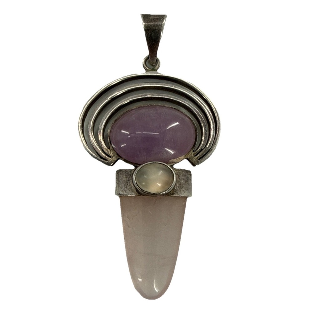 Sterling Silver‎ Multi Stone Pendant Rose Quartz Lilac Jade 13gr